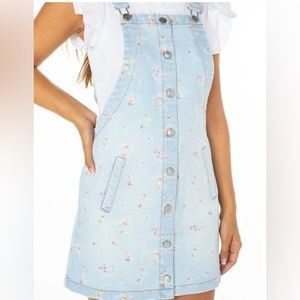 Celebrity Pink Floral Denim Mini Pinafore Button Down Dress.